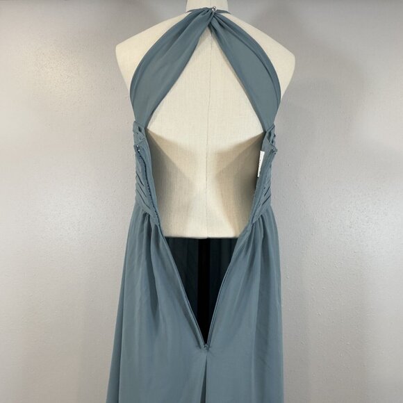 Morilee Madeline Gardner Teal Ruched Halter Maxi Dress Keyhole Back Zip Size 6 - Picture 8 of 13